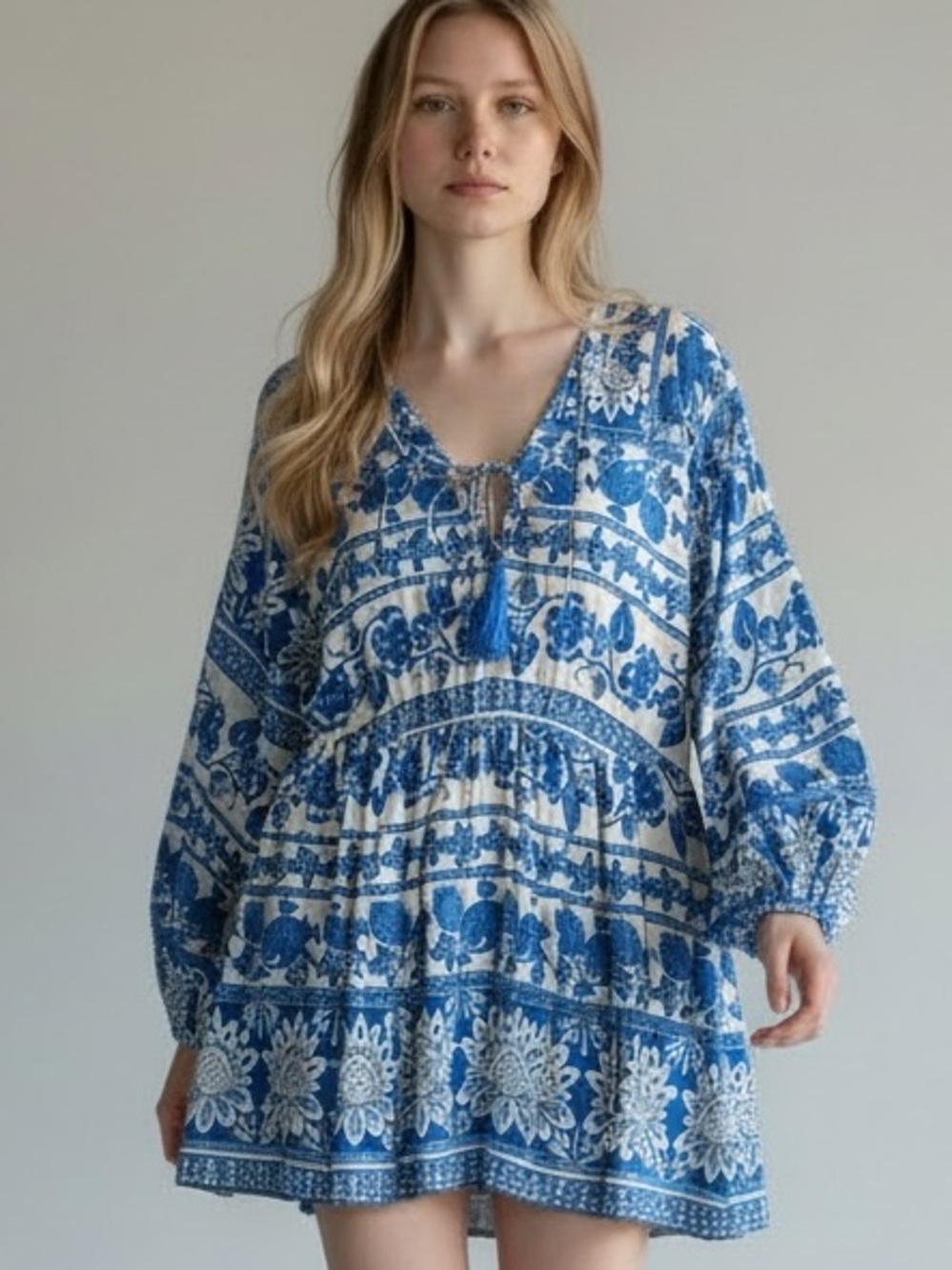 Blue Floral V-Neck Peasant Tunic Dress Boho xL